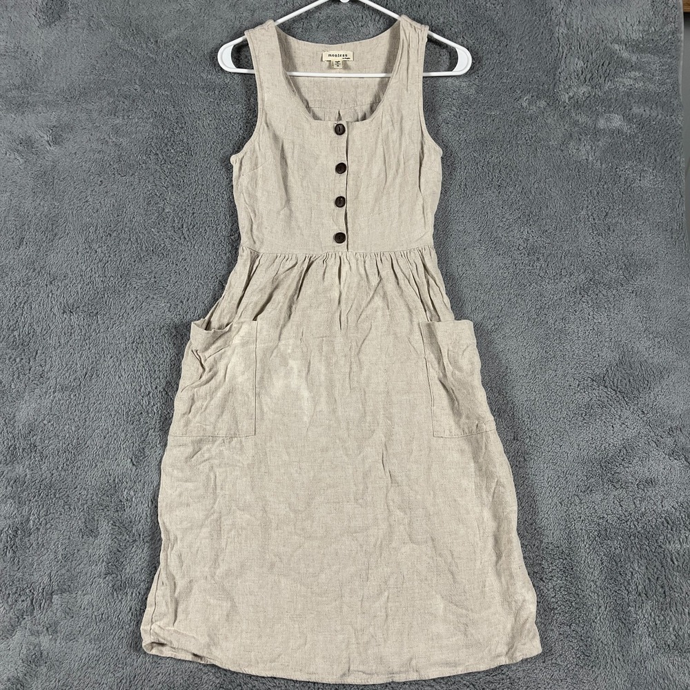 Monteau Los Angeles Dress Womens S Beige Pockets Boho Cottage Core Button Front